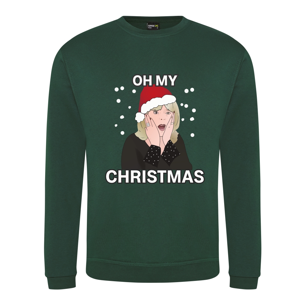 A bottle green sweatshirt with Pam surrounded by snow and wearing a Christmas hat printed to the front. Above the face is text that reads: "Oh my". Below the face is text that reads: "Christmas"