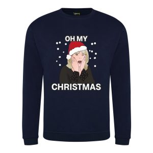 A navy sweatshirt with Pam surrounded by snow and wearing a Christmas hat printed to the front. Above the face is text that reads: "Oh my". Below the face is text that reads: "Christmas"