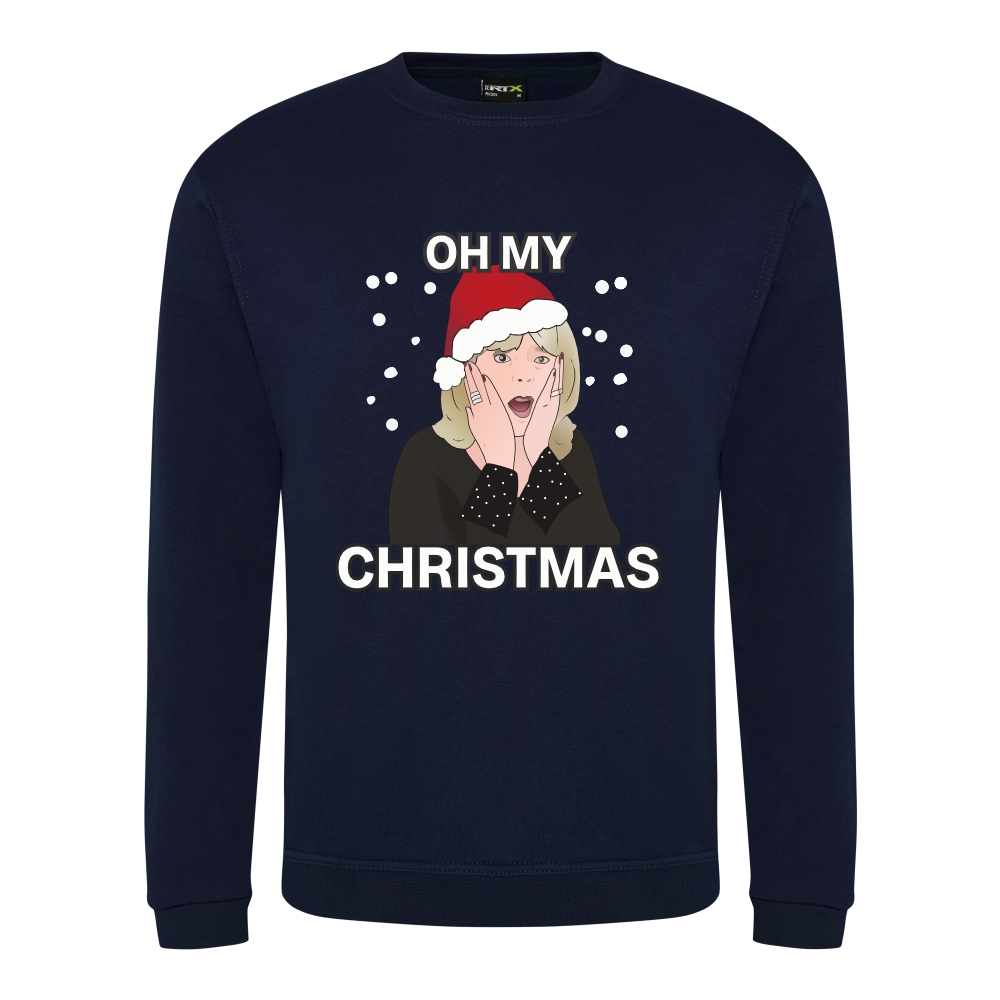 A navy sweatshirt with Pam surrounded by snow and wearing a Christmas hat printed to the front. Above the face is text that reads: "Oh my". Below the face is text that reads: "Christmas"