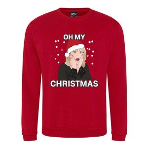 A red sweatshirt with Pam surrounded by snow and wearing a Christmas hat printed to the front. Above the face is text that reads: "Oh my". Below the face is text that reads: "Christmas"