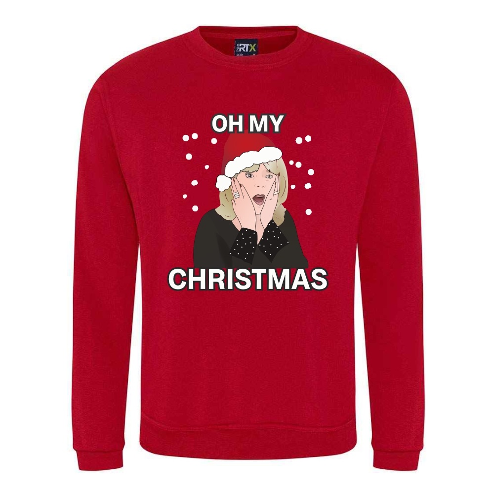 A red sweatshirt with Pam surrounded by snow and wearing a Christmas hat printed to the front. Above the face is text that reads: "Oh my". Below the face is text that reads: "Christmas"