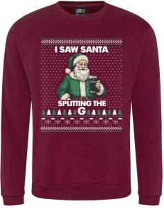 Frontal view of a burgundy sweatshirt with a Santa dressed in green holding a Guinness printed to the front. Above the Santa is text that reads: "I saw Santa". Below the Santa is text that reads: "Splitting the G"