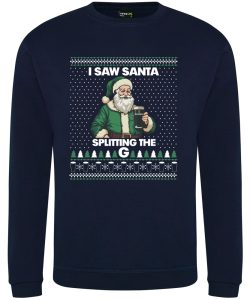 Frontal view of a navy sweatshirt with a Santa dressed in green holding a Guinness printed to the front. Above the Santa is text that reads: "I saw Santa". Below the Santa is text that reads: "Splitting the G"