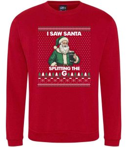 Frontal view of a red sweatshirt with a Santa dressed in green holding a Guinness printed to the front. Above the Santa is text that reads: "I saw Santa". Below the Santa is text that reads: "Splitting the G"