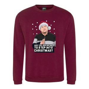 A burgundy sweatshirt with Smithy surrounded by snow and wearing a Christmas hat printed to the front. Below the face is text that reads: "Are you asking me to step into Christmas?"