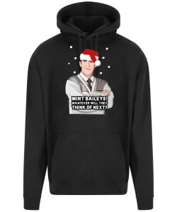 A black hoodie with Bryn surrounded by snow and wearing a Christmas hat printed to the front. Below the face is text that reads: "Mint baileys! Whatever will they think of next?"