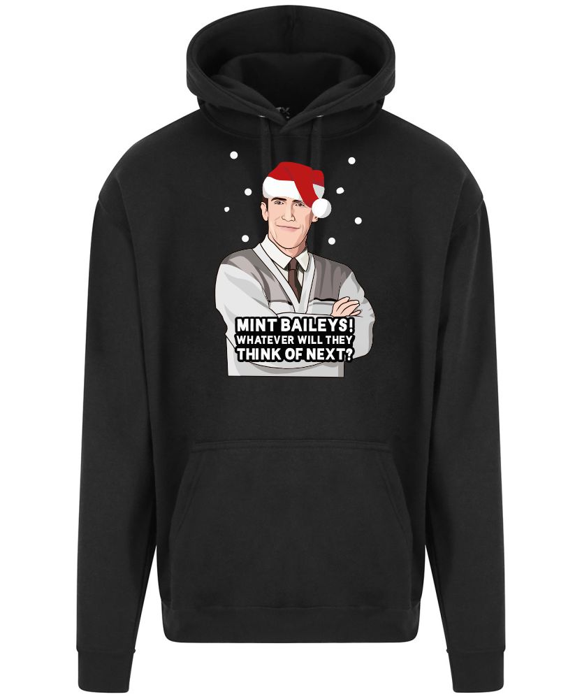 A black hoodie with Bryn surrounded by snow and wearing a Christmas hat printed to the front. Below the face is text that reads: "Mint baileys! Whatever will they think of next?"