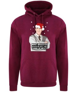 A burgundy hoodie with Bryn surrounded by snow and wearing a Christmas hat printed to the front. Below the face is text that reads: "Mint baileys! Whatever will they think of next?"