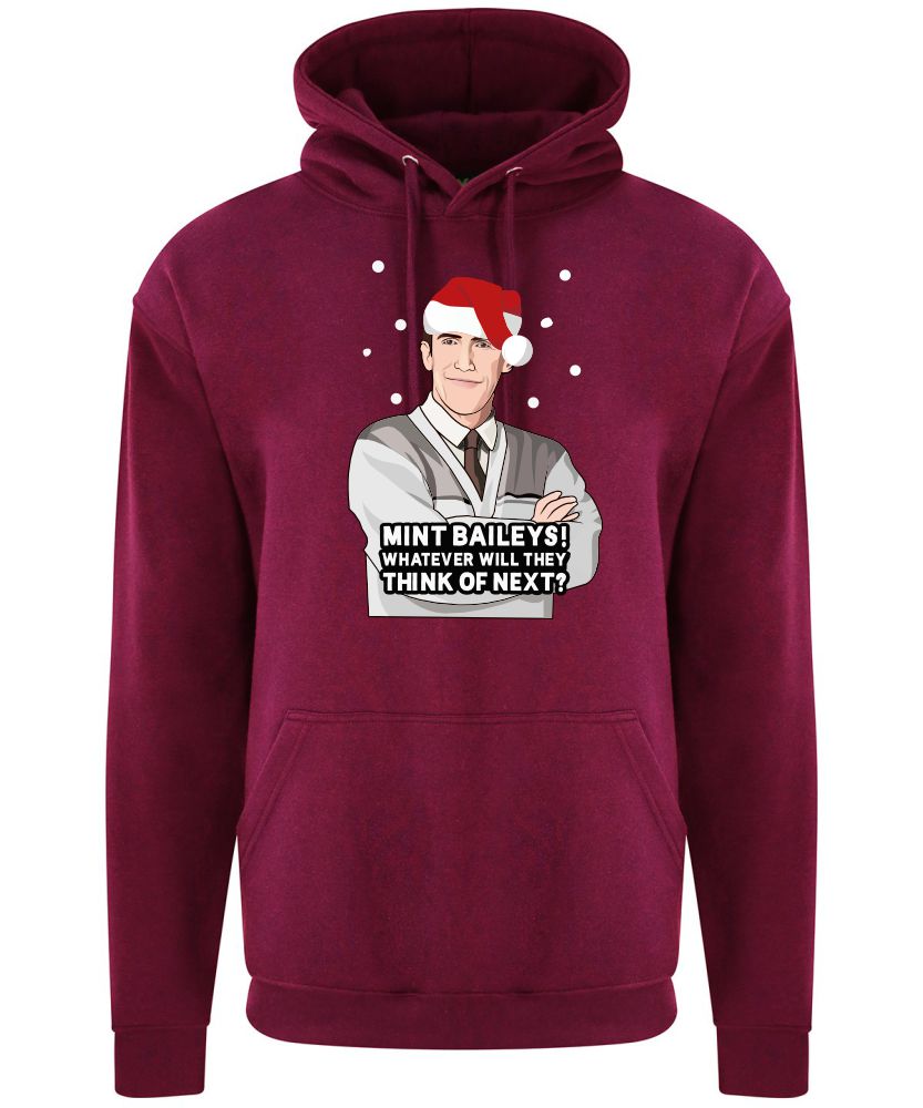 A burgundy hoodie with Bryn surrounded by snow and wearing a Christmas hat printed to the front. Below the face is text that reads: "Mint baileys! Whatever will they think of next?"