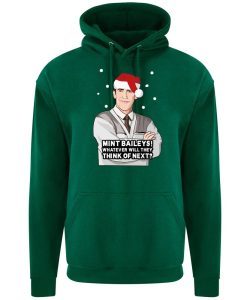 A bottle green hoodie with Bryn surrounded by snow and wearing a Christmas hat printed to the front. Below the face is text that reads: "Mint baileys! Whatever will they think of next?"