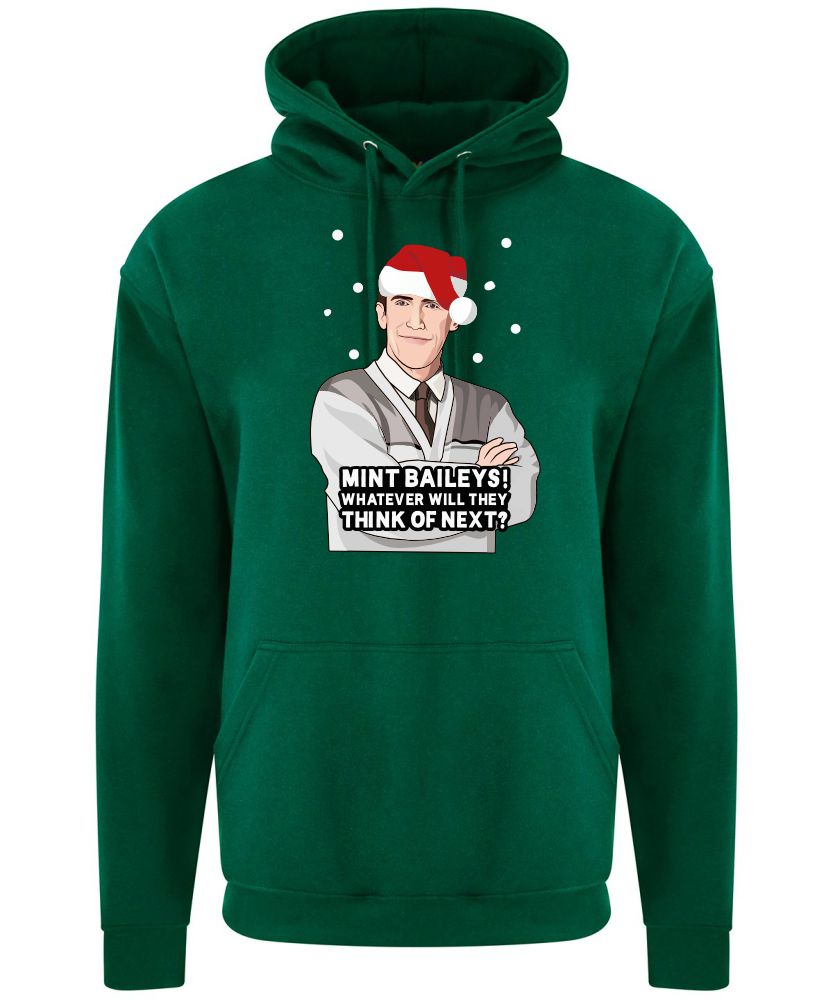 A bottle green hoodie with Bryn surrounded by snow and wearing a Christmas hat printed to the front. Below the face is text that reads: "Mint baileys! Whatever will they think of next?"