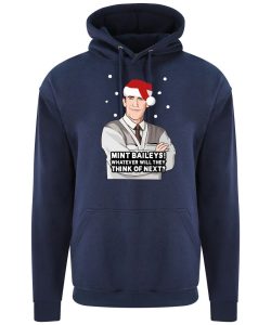A navy hoodie with Bryn surrounded by snow and wearing a Christmas hat printed to the front. Below the face is text that reads: "Mint baileys! Whatever will they think of next?"