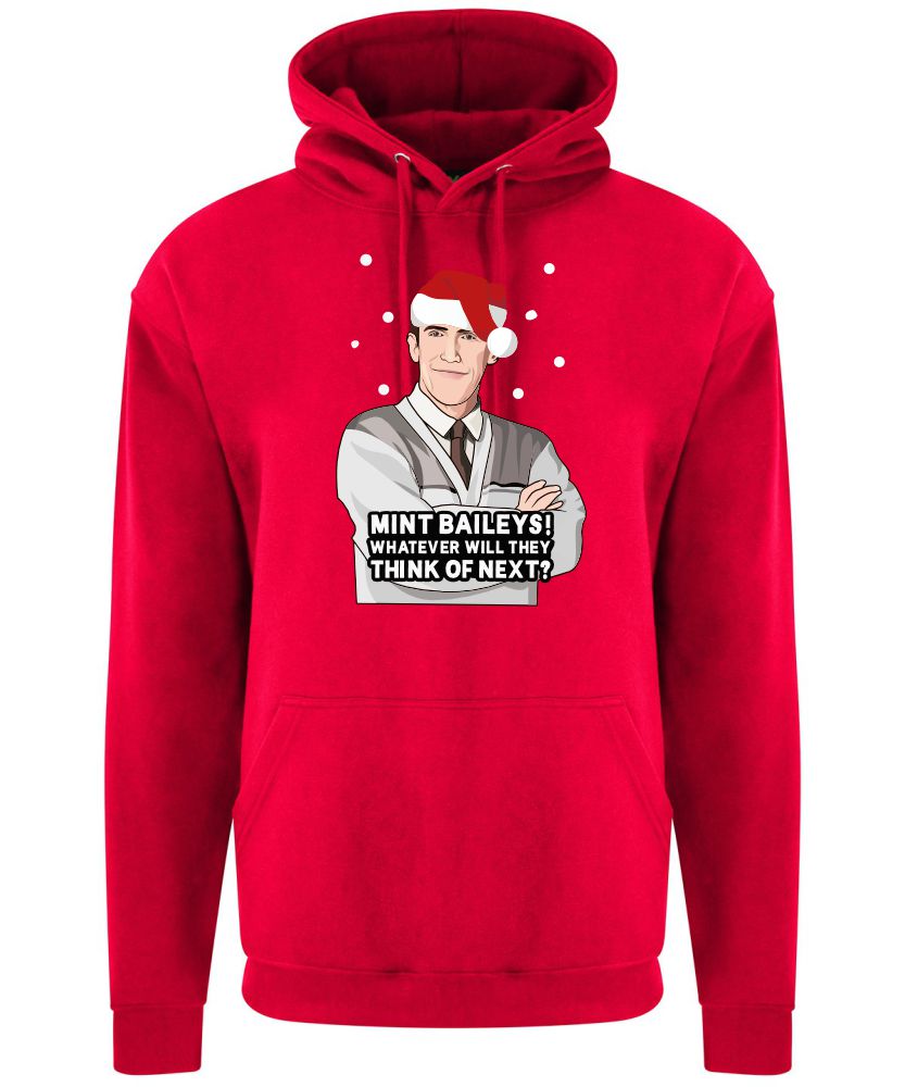 A red hoodie with Bryn surrounded by snow and wearing a Christmas hat printed to the front. Below the face is text that reads: "Mint baileys! Whatever will they think of next?"