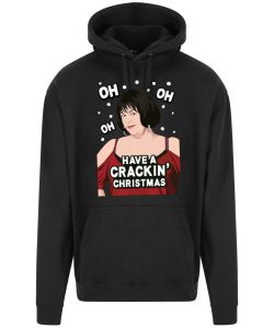 A black hoodie with Nessa surrounded by snow and wearing a red dress printed to the front. Amongst the snow reads: "oh oh oh". Below the face is text that reads: "Have a crackin' Christmas!"