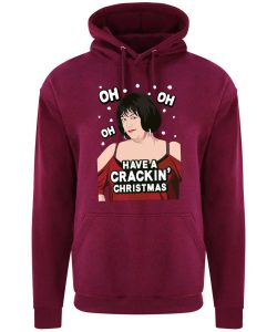 A burgundy hoodie with Nessa surrounded by snow and wearing a red dress printed to the front. Amongst the snow reads: "oh oh oh". Below the face is text that reads: "Have a crackin' Christmas!"