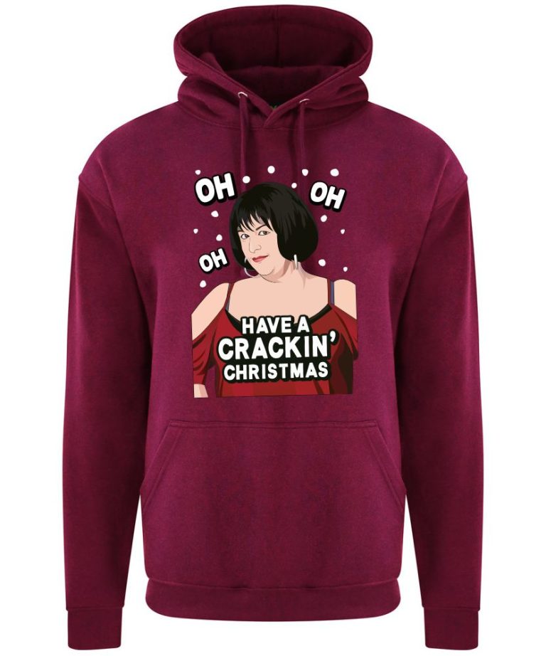 A burgundy hoodie with Nessa surrounded by snow and wearing a red dress printed to the front. Amongst the snow reads: "oh oh oh". Below the face is text that reads: "Have a crackin' Christmas!"
