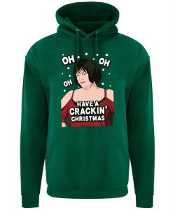 A bottle green hoodie with Nessa surrounded by snow and wearing a red dress printed to the front. Amongst the snow reads: "oh oh oh". Below the face is text that reads: "Have a crackin' Christmas!"