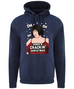 A navy hoodie with Nessa surrounded by snow and wearing a red dress printed to the front. Amongst the snow reads: "oh oh oh". Below the face is text that reads: "Have a crackin' Christmas!"