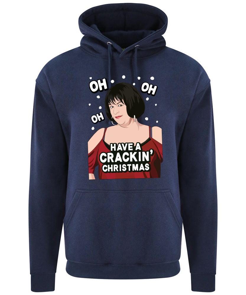 A navy hoodie with Nessa surrounded by snow and wearing a red dress printed to the front. Amongst the snow reads: "oh oh oh". Below the face is text that reads: "Have a crackin' Christmas!"