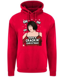 A red hoodie with Nessa surrounded by snow and wearing a red dress printed to the front. Amongst the snow reads: "oh oh oh". Below the face is text that reads: "Have a crackin' Christmas!"