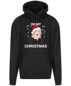 A black hoodie with Pam surrounded by snow and wearing a Christmas hat printed to the front. Above the face is text that reads: "Oh my". Below the face is text that reads: "Christmas"