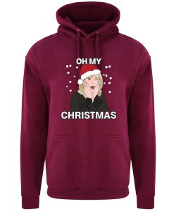 A burgundy hoodie with Pam surrounded by snow and wearing a Christmas hat printed to the front. Above the face is text that reads: "Oh my". Below the face is text that reads: "Christmas"