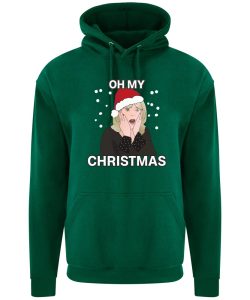 A bottle green hoodie with Pam surrounded by snow and wearing a Christmas hat printed to the front. Above the face is text that reads: "Oh my". Below the face is text that reads: "Christmas"