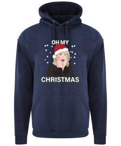 A navy hoodie with Pam surrounded by snow and wearing a Christmas hat printed to the front. Above the face is text that reads: "Oh my". Below the face is text that reads: "Christmas"