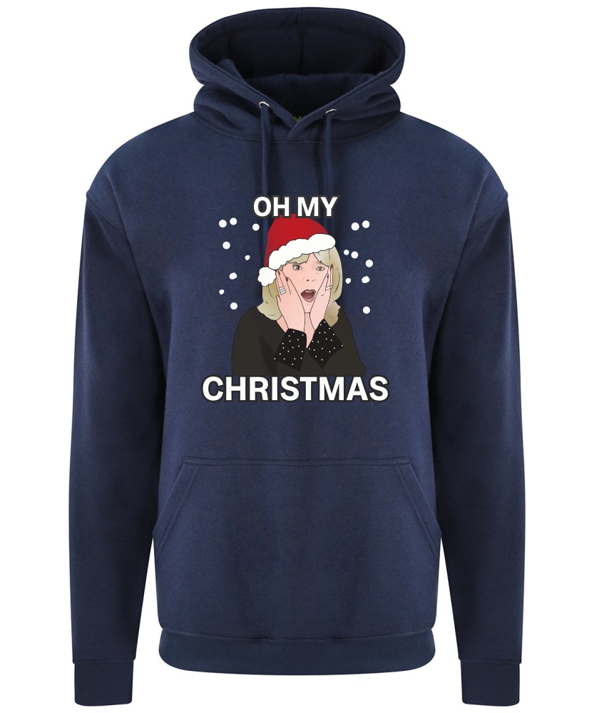 A navy hoodie with Pam surrounded by snow and wearing a Christmas hat printed to the front. Above the face is text that reads: "Oh my". Below the face is text that reads: "Christmas"