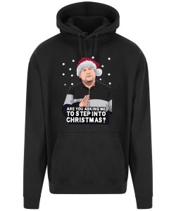 A black hoodie with Smithy surrounded by snow and wearing a Christmas hat printed to the front. Below the face is text that reads: "Are you asking me to step into Christmas?"