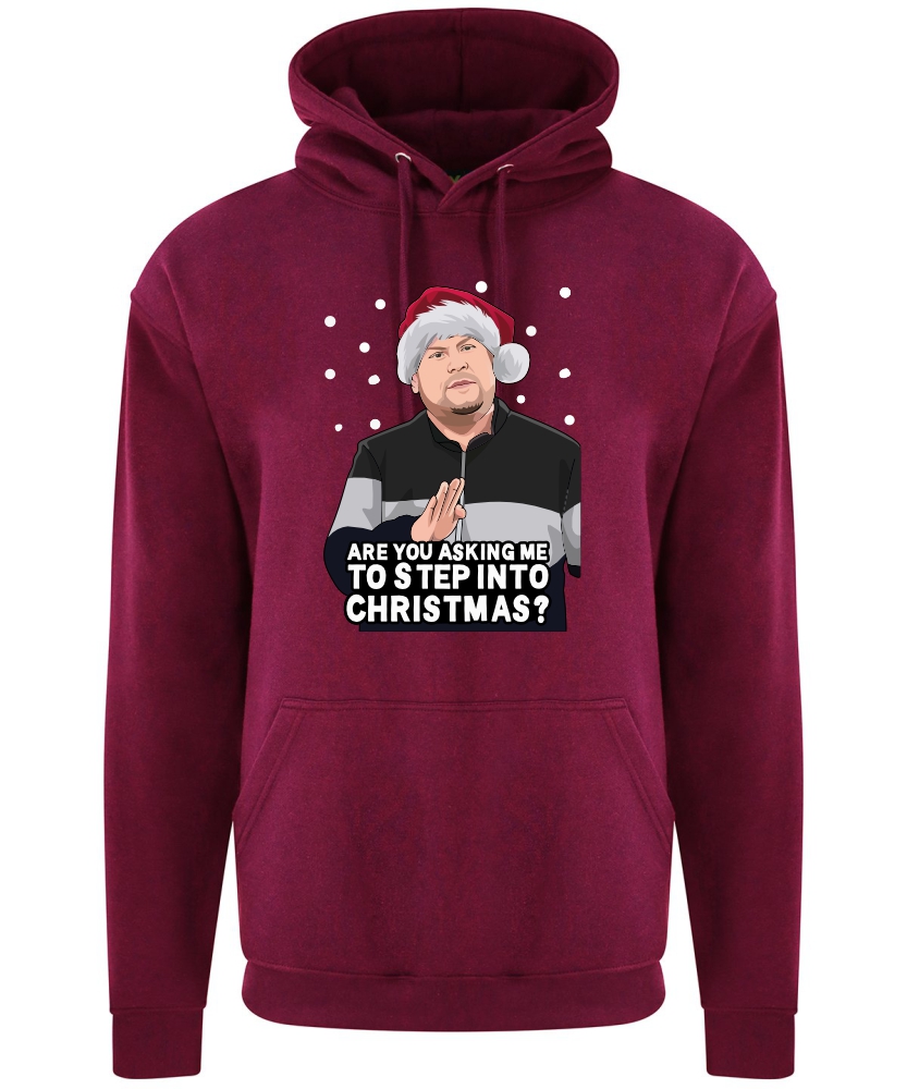 A burgundy hoodie with Smithy surrounded by snow and wearing a Christmas hat printed to the front. Below the face is text that reads: "Are you asking me to step into Christmas?"