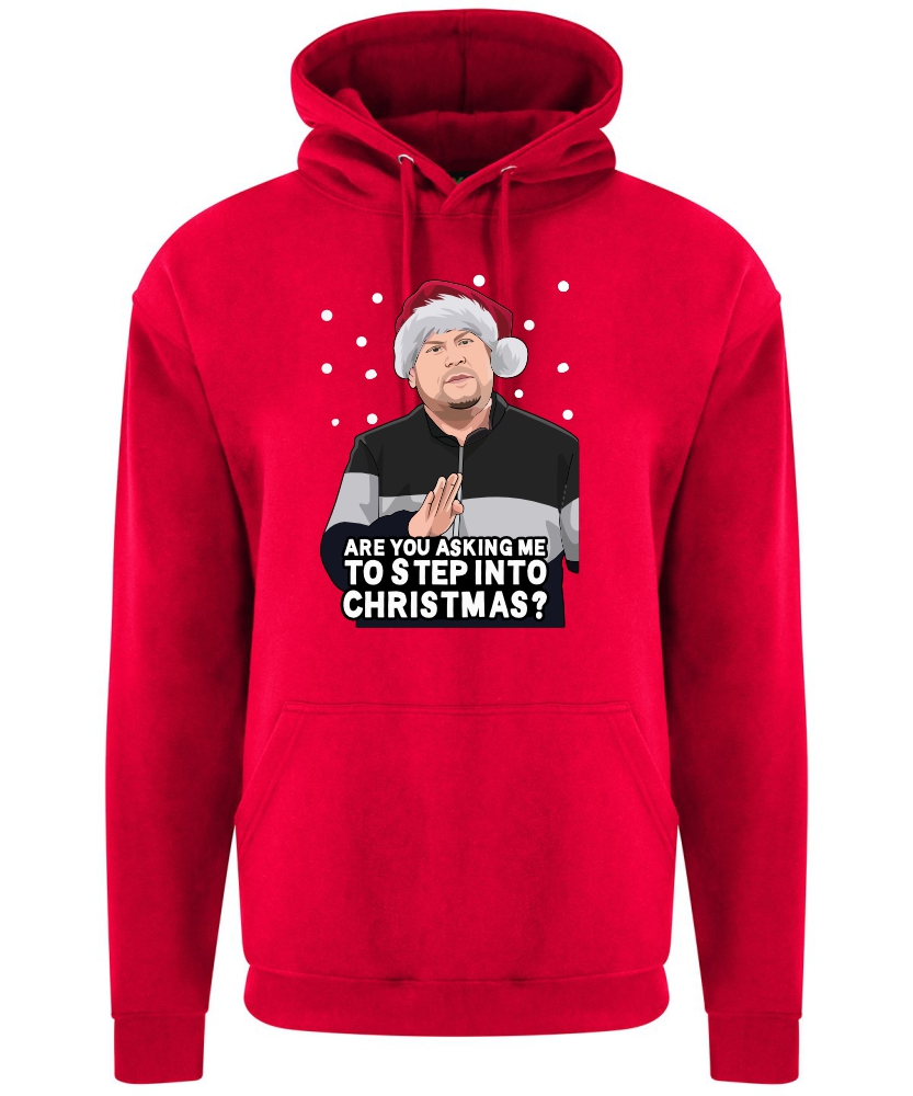 A red hoodie with Smithy surrounded by snow and wearing a Christmas hat printed to the front. Below the face is text that reads: "Are you asking me to step into Christmas?"
