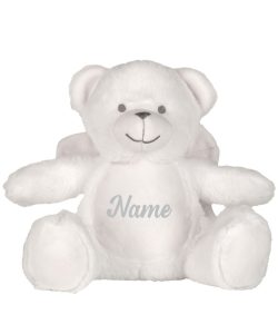 A frontal view of the white personalised "Annie" angel bear teddy against a white background with the sample word "Name" printed in light grey to the white belly.