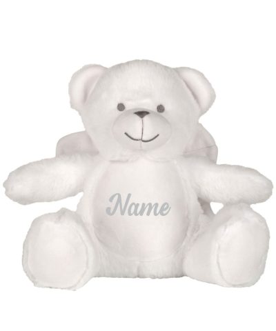 A frontal view of the white personalised "Annie" angel bear teddy against a white background with the sample word "Name" printed in light grey to the white belly.