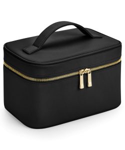 Frontal view of the Aphrodite vanity case in the black with a golden coloured metalic zip.