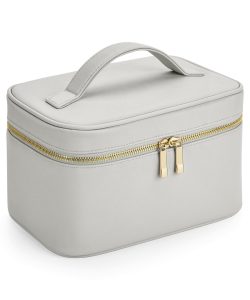 Frontal view of the Aphrodite vanity case in the soft grey with a golden coloured metalic zip.