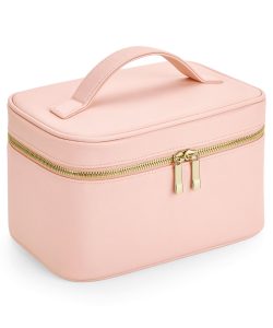 Frontal view of the Aphrodite vanity case in the soft pink with a golden coloured metalic zip.