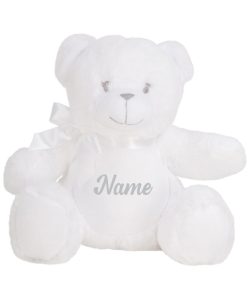 A frontal view of the white personalised "Wish" the White teddy against a white background with the sample word "Name" printed in grey to the white belly.