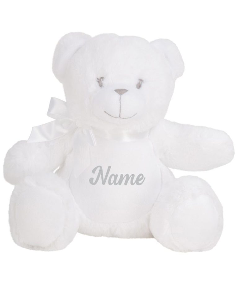 A frontal view of the white personalised "Wish" the White teddy against a white background with the sample word "Name" printed in grey to the white belly.