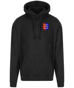 Frontal view of the Hastings Athletic adults' hoodie in black with the club crest.