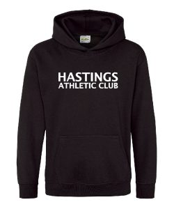 Frontal view of the Hastings Athletic kids' hoodie in black with the club name on the chest.