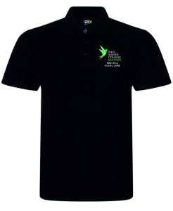 Frontal view of the East Sussex College Hastings Health and Social Care black polo shirt with the college logo embroidered to the left breast with the courses name below.