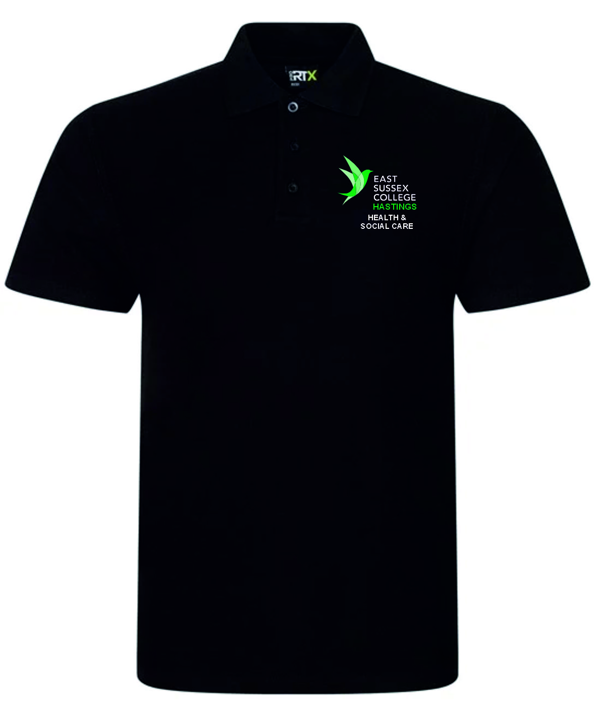 Frontal view of the East Sussex College Hastings Health and Social Care black polo shirt with the college logo embroidered to the left breast with the courses name below.