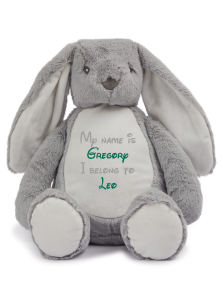 Frontal view of the large personalised teddy with text embroidered on its belly that reads "My name is Gregory I belong to Leo". The text is in light grey and bottle green.