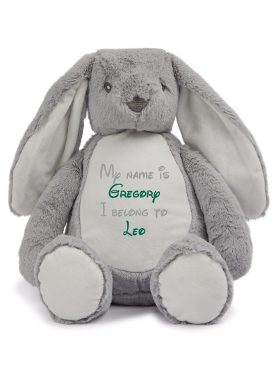 Frontal view of the large personalised teddy with text embroidered on its belly that reads "My name is Gregory I belong to Leo". The text is in light grey and bottle green.