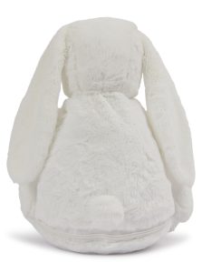 Rear view of a white bunny teddy against a white background.