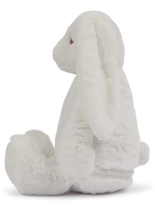 Side view of a white bunny teddy against a white background.