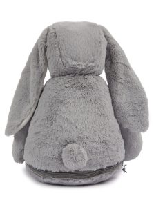 Rear view of a grey bunny teddy against a white background.
