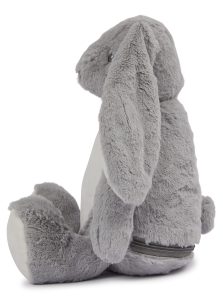 Side view of a grey bunny teddy against a white background.