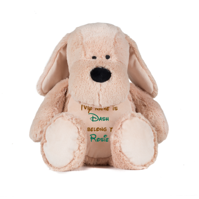 Frontal view of the large personalised teddy with text embroidered on its belly that reads "My name is Dash I belong to Rosie". The text is in brown and bottle green.